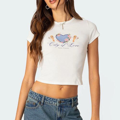 Dame cropped T-skjorte med romantisk hjerte-design Skjora