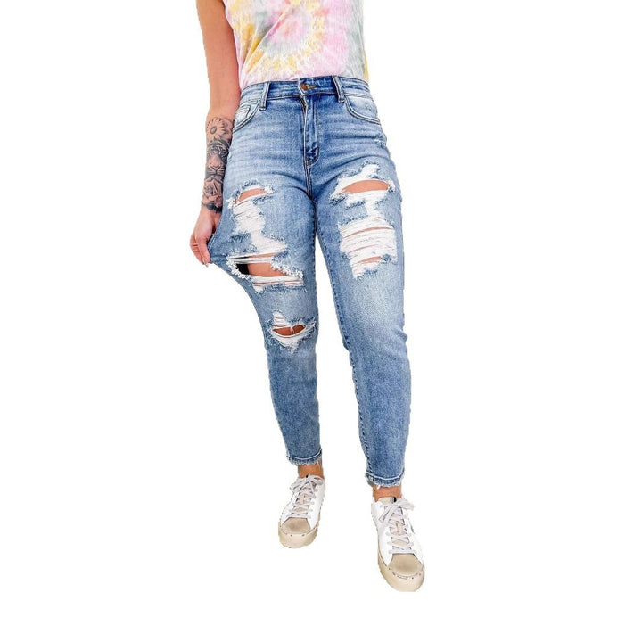Kvinne skinny jeans med trendy ødelagt utseende og elastisk midjebånd Skjora