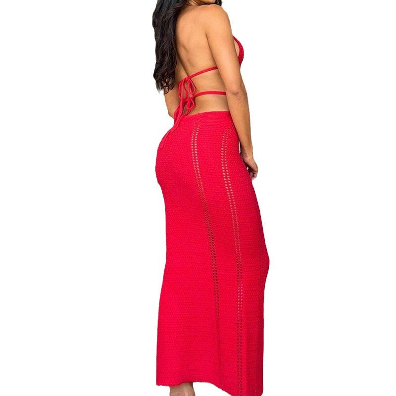 Damen Häkel-Maxikleid mit Cut-Outs und Neckholder Skjora