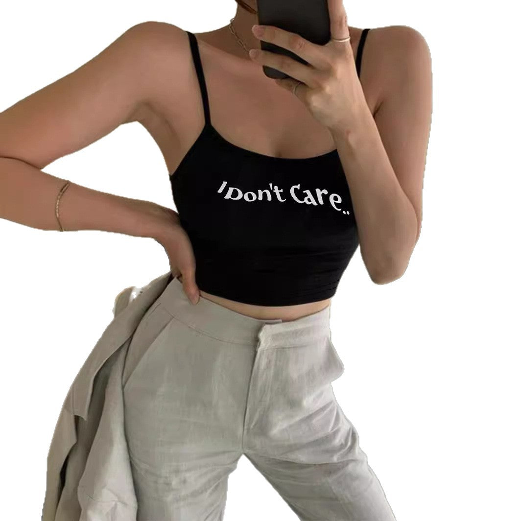 Dame Crop-Top med kreativ tekst og fine stropper Skjora