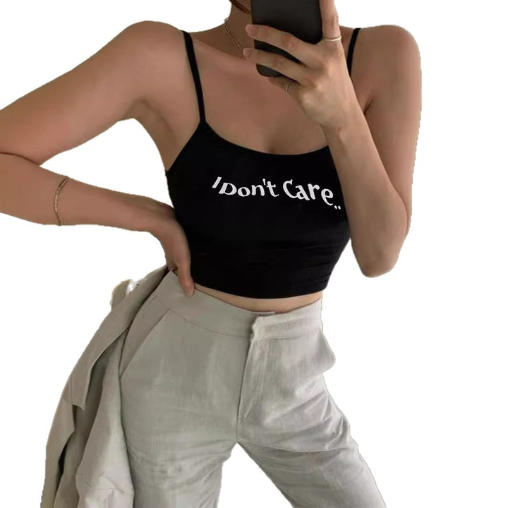 Dame Crop-Top med kreativ tekst og fine stropper Skjora