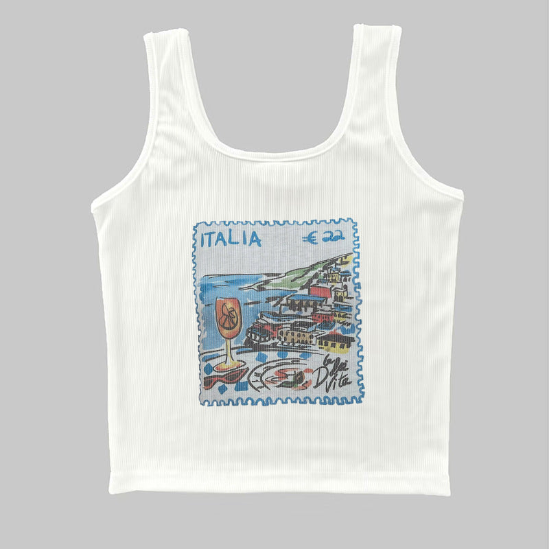 Dame ermeløs tanktop med kreativt postkortmotiv Skjora