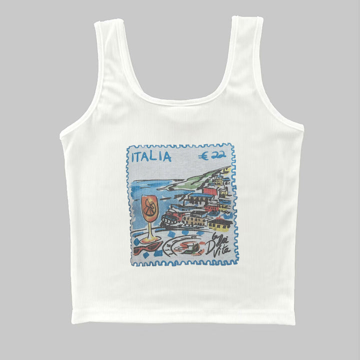 Dame ermeløs tanktop med kreativt postkortmotiv Skjora
