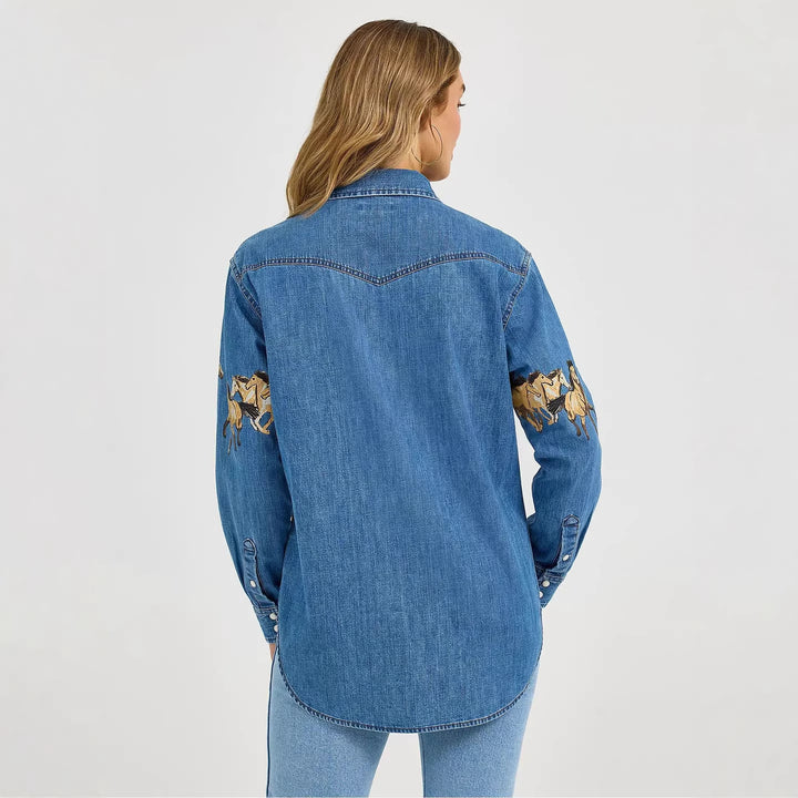Dames denim skjorte med kreativ hestedesign og høy kvalitet bomullsblanding Skjora