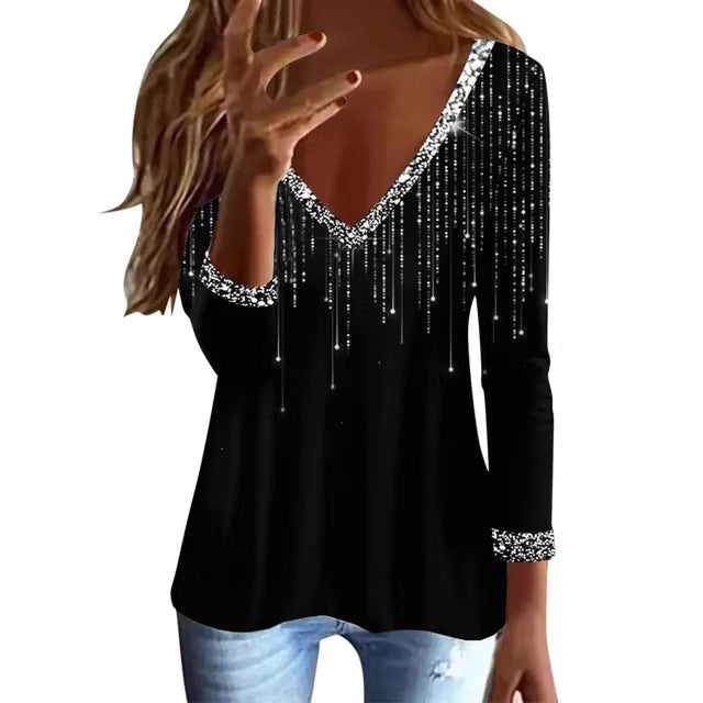 Damer Glitrende V-Hals Genser med Elegante Rhinestone Detaljer Skjora