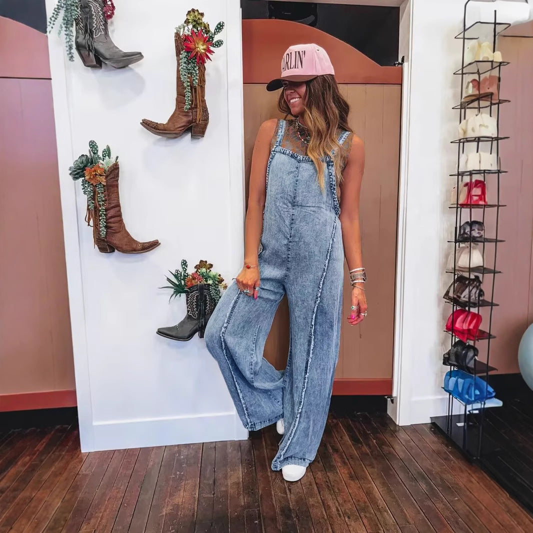 Damer denim overalls med bred ben og praktiske lommer Skjora
