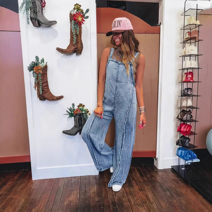 Damer denim overalls med bred ben og praktiske lommer Skjora