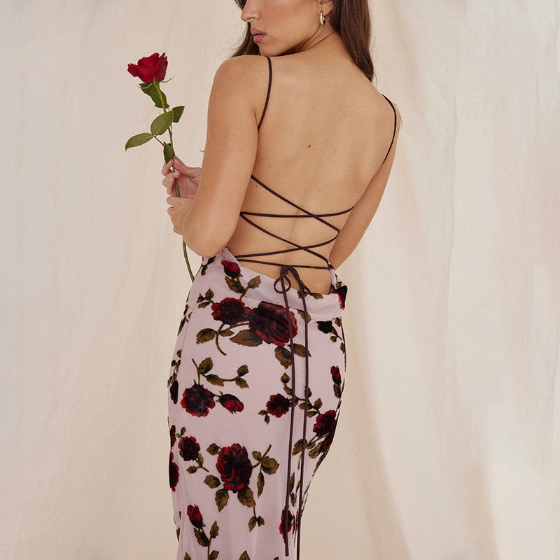 Dame Elegant Maxikjole med blomsterprint og spaghettistropp Skjora