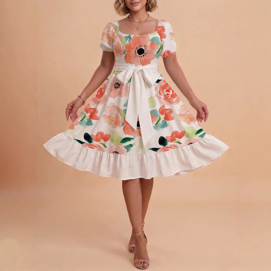 Damen Sommerliches Blumenkleid mit taillierbarem Gürtel und voluminösen Ärmeln Skjora
