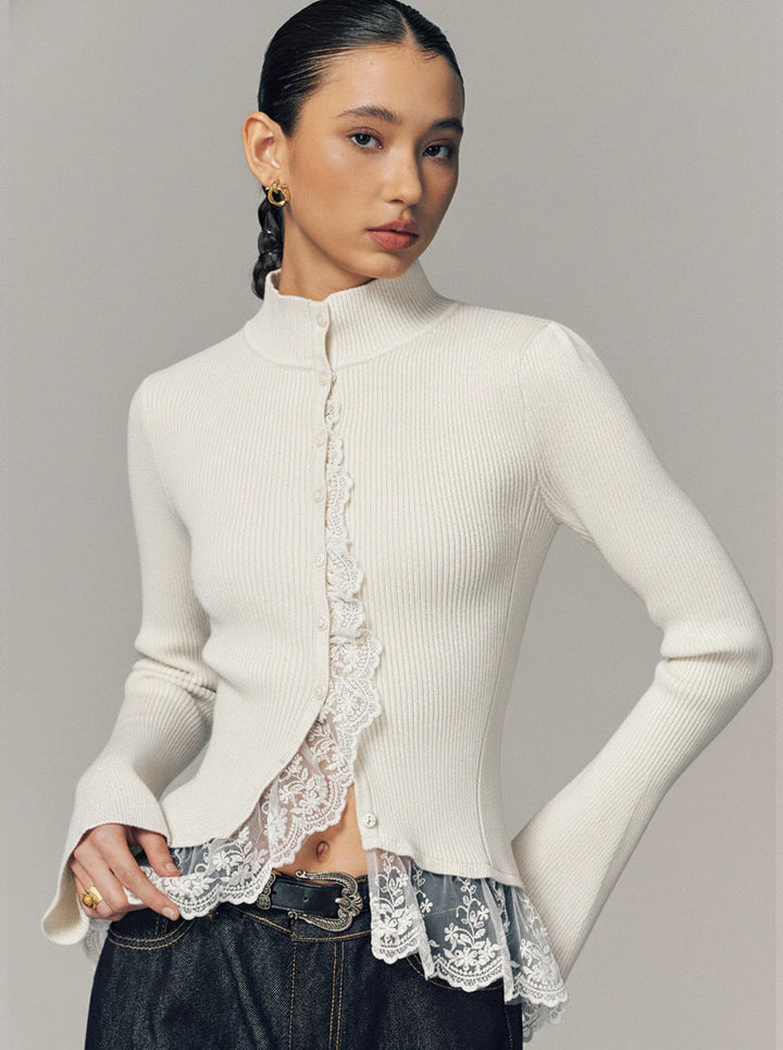 Damer cardigan med blonderkant og moderne peplum Skjora
