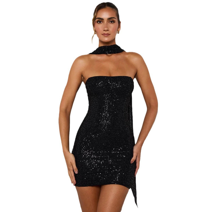 Damer Glamorous Mini Kjole med Glitrende Paljetter og Elegant Hals Smykke Skjora