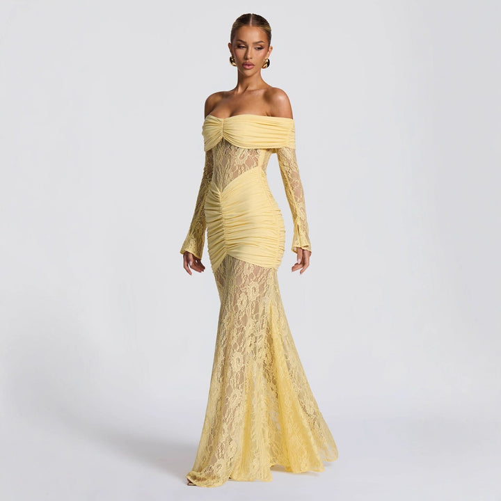 Damer elegant spissenkjole med off-shoulder utringning og rynker Skjora