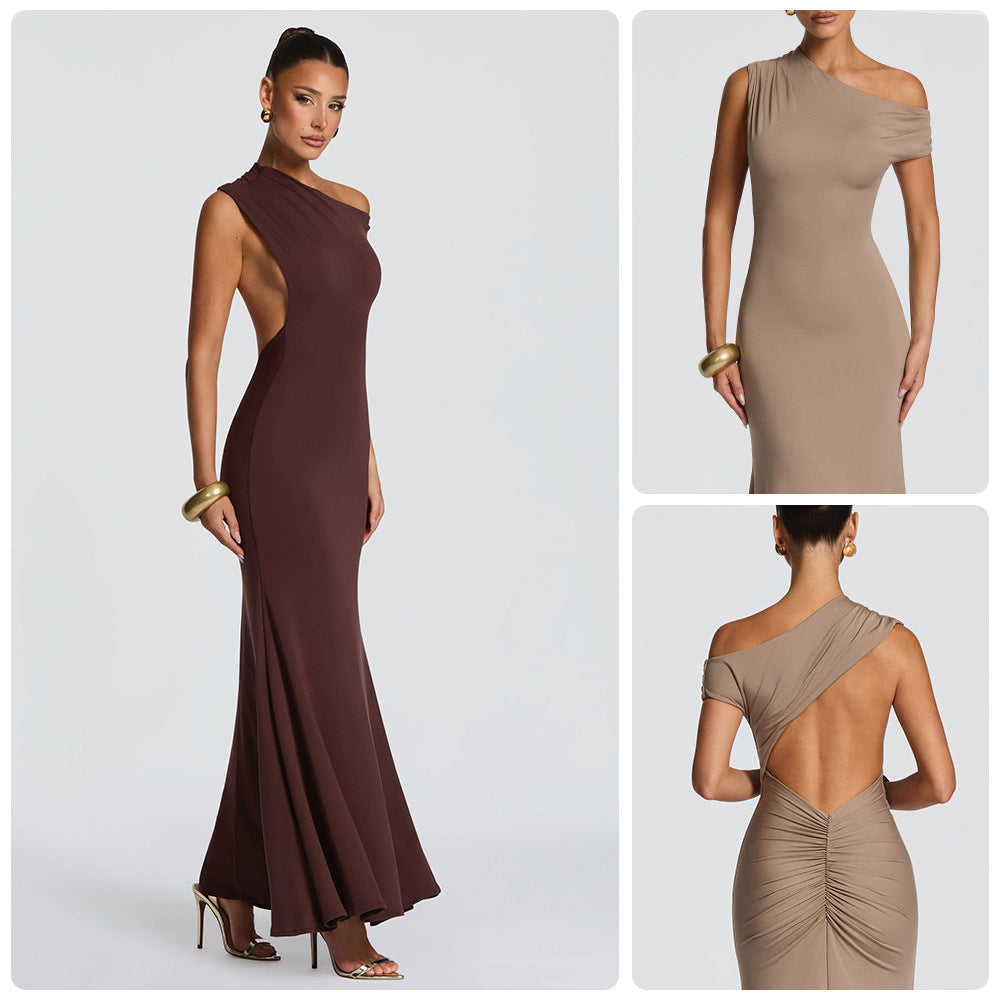 Kvinne Elegant Asymmetrisk Maxi Kjole med Avskåret Design Skjora