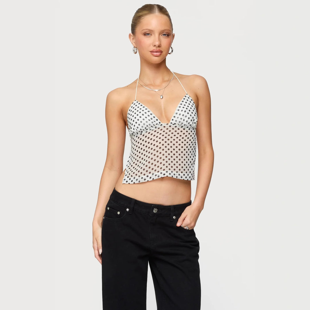 Dame Polka Dot Top med delikate stropper og figurtilpasset snitt Skjora