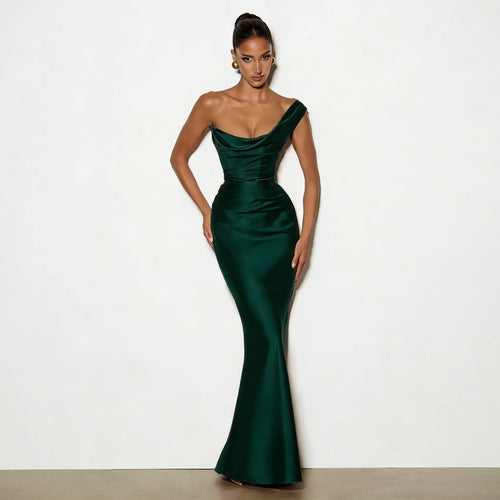 Damer Elegant Satin Lang Kveldskjole med asymmetrisk snitt og figurskinnende design Skjora