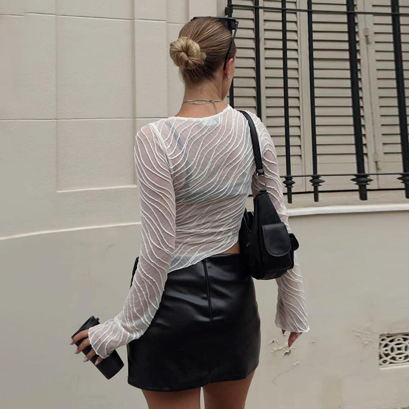 Damer Elegant Langermet Gjennomsiktig Topp med Strukturert Design Skjora