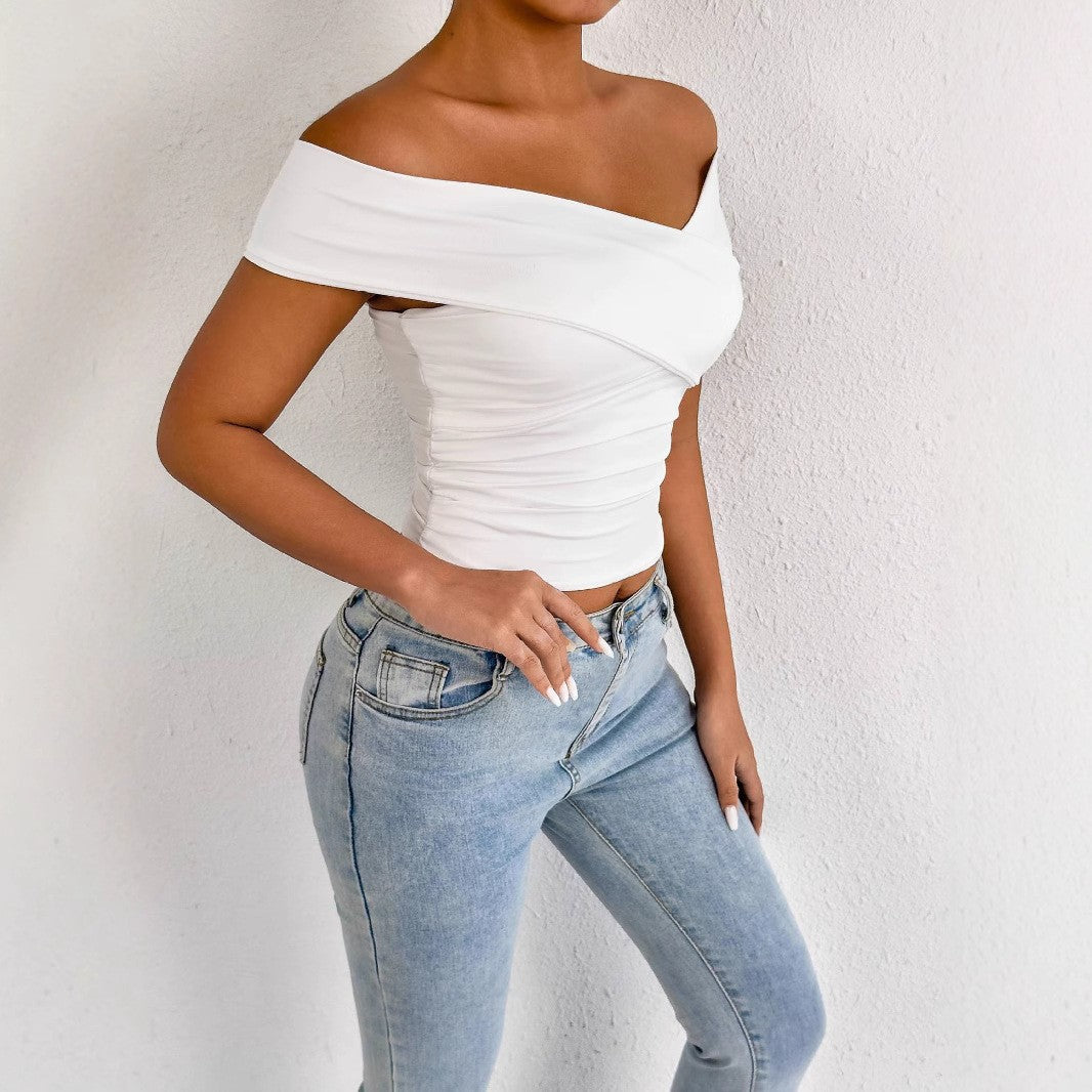 Dame off-shoulder topp med elegant drapering Skjora