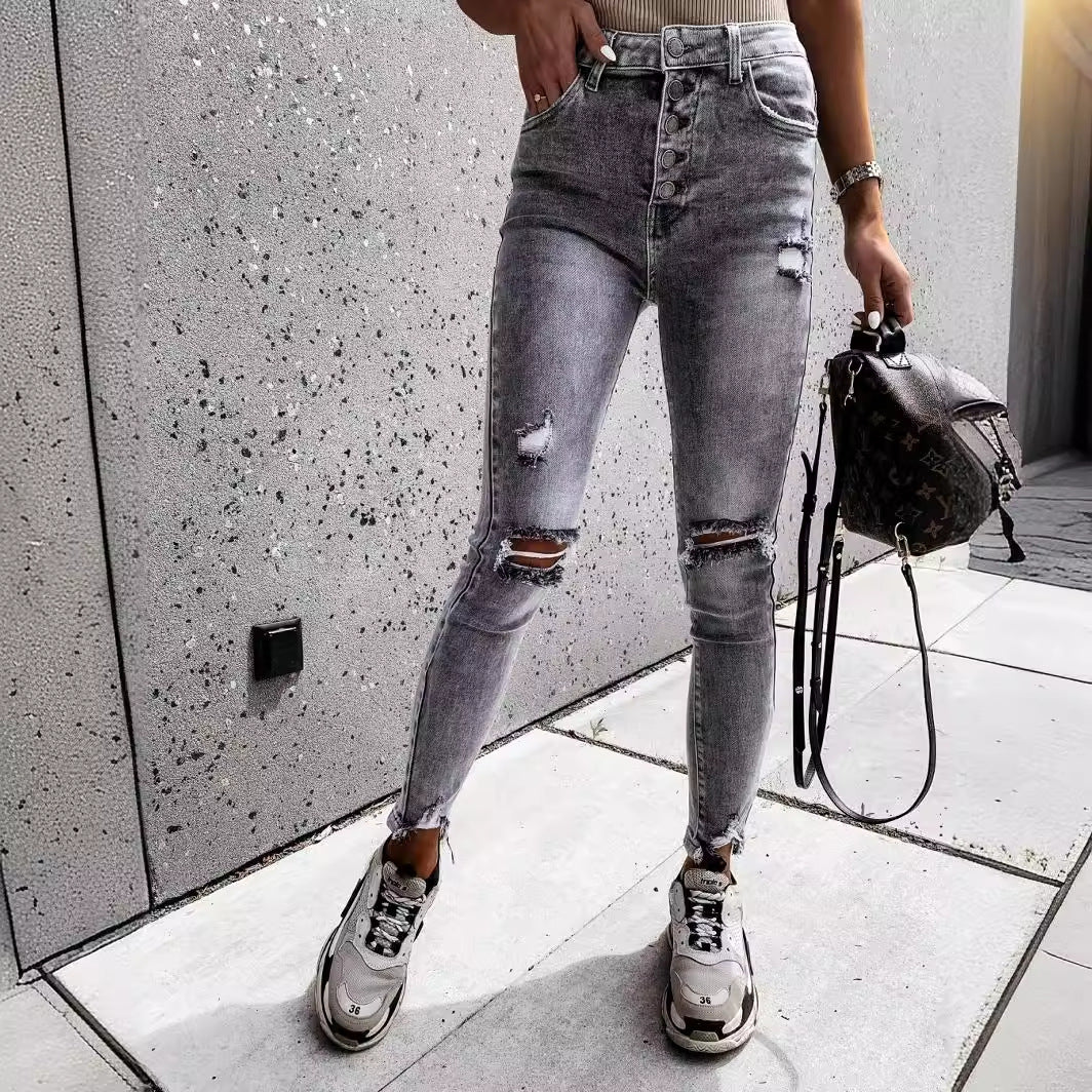 Dame Skinny Jeans med Høye Lommer og Trendy Slitte Detaljer Skjora
