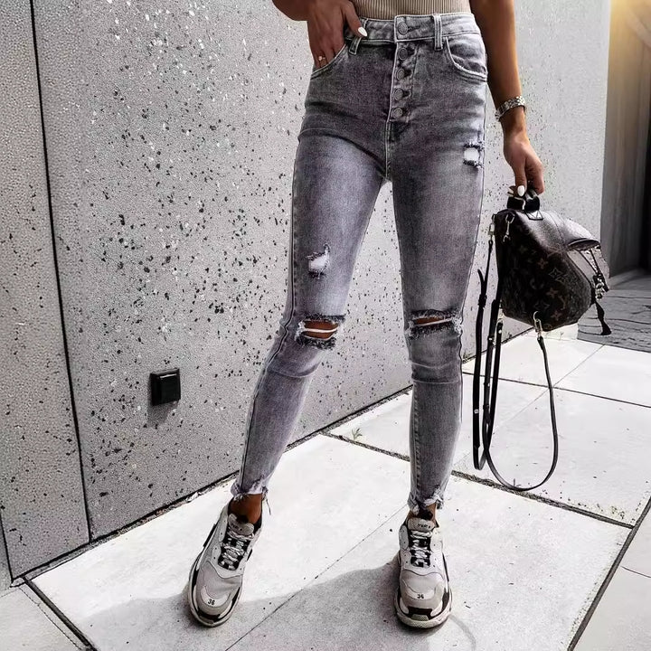 Dame Skinny Jeans med Høye Lommer og Trendy Slitte Detaljer Skjora