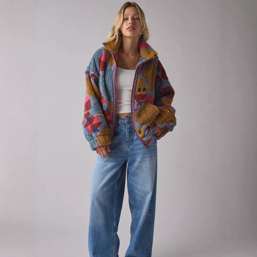 Dame Cozy Fleece Jakke med Fargerikt Patches Mønster Skjora