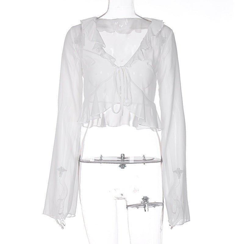 Damer Transparent Langermet Bluse med Volanger og Bindebelte Skjora
