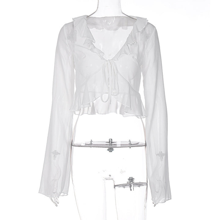 Damer Transparent Langermet Bluse med Volanger og Bindebelte Skjora