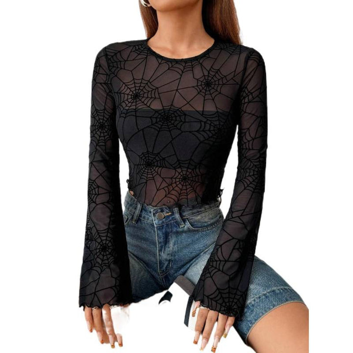 Dame Gjennomsiktig Langermet Bluse med Spidermotiv Skjora