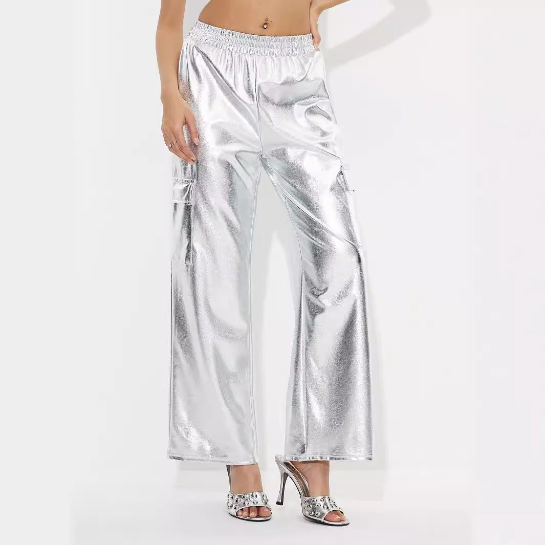 Dame Cargo-bukser i glinsende metallisk utseende med elastisk linning Skjora