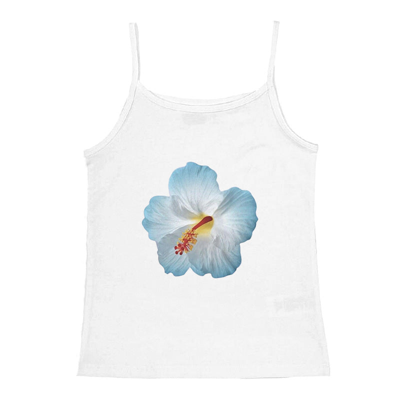 Dame ermeløs skjorte med floralt hibiskusmotiv Skjora