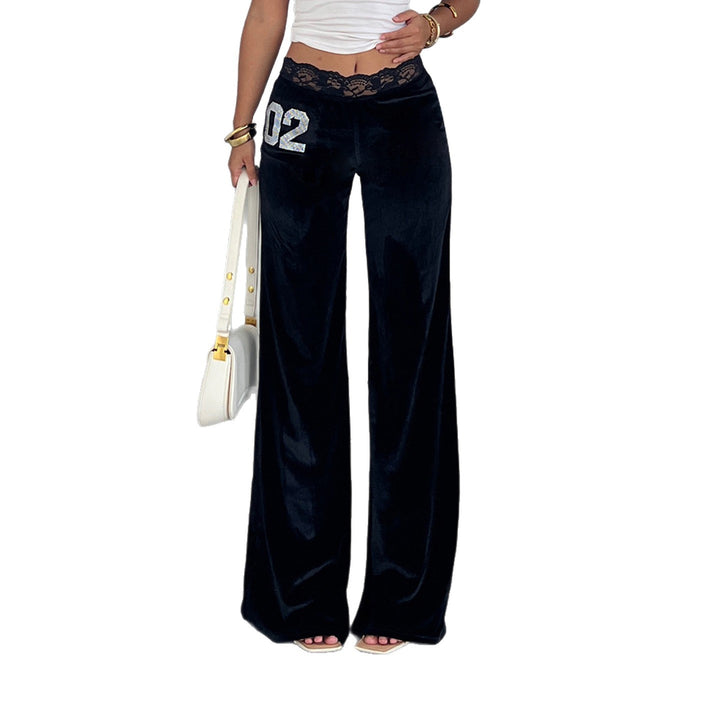 Dame loose Velvet-palazzo-bukse med blonder Skjora