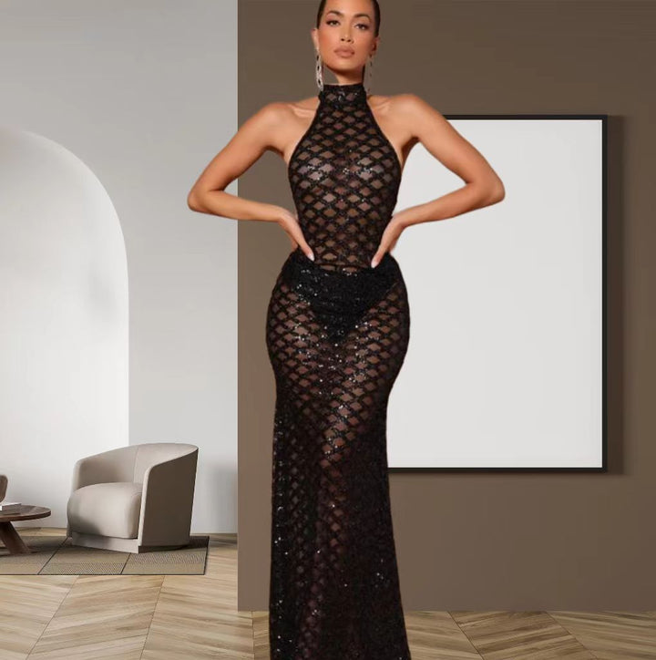 Kvinnenes elegante kveldsdrakt i bodycon-stil med glitrende paljetter