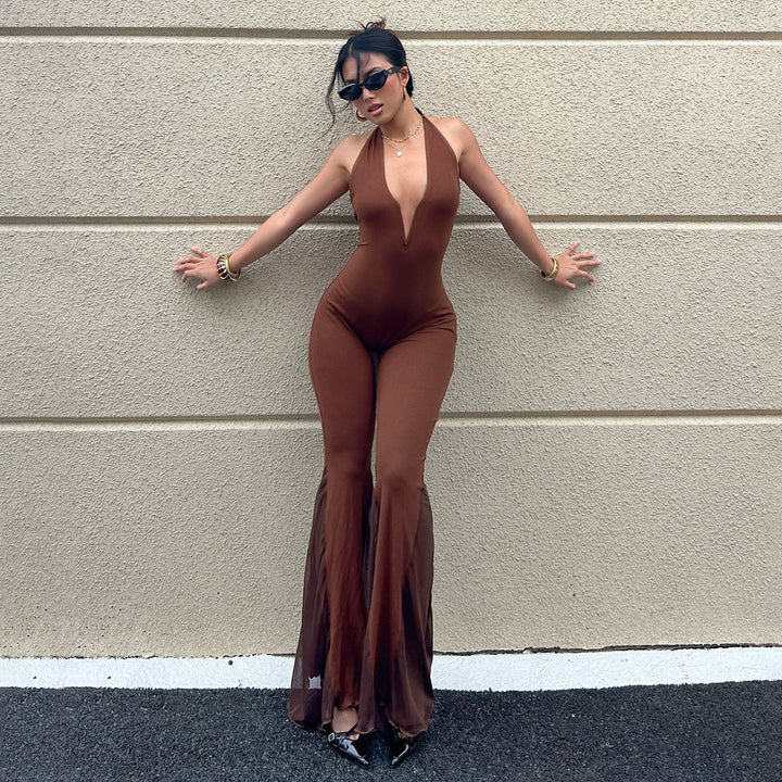 Dame Flared Jumpsuit med dyp V-hals og transparente volanger Skjora