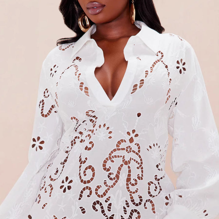 Damen Elegantes Hemdblusenkleid mit raffinierter Lochstickerei und langem Ärmel Skjora
