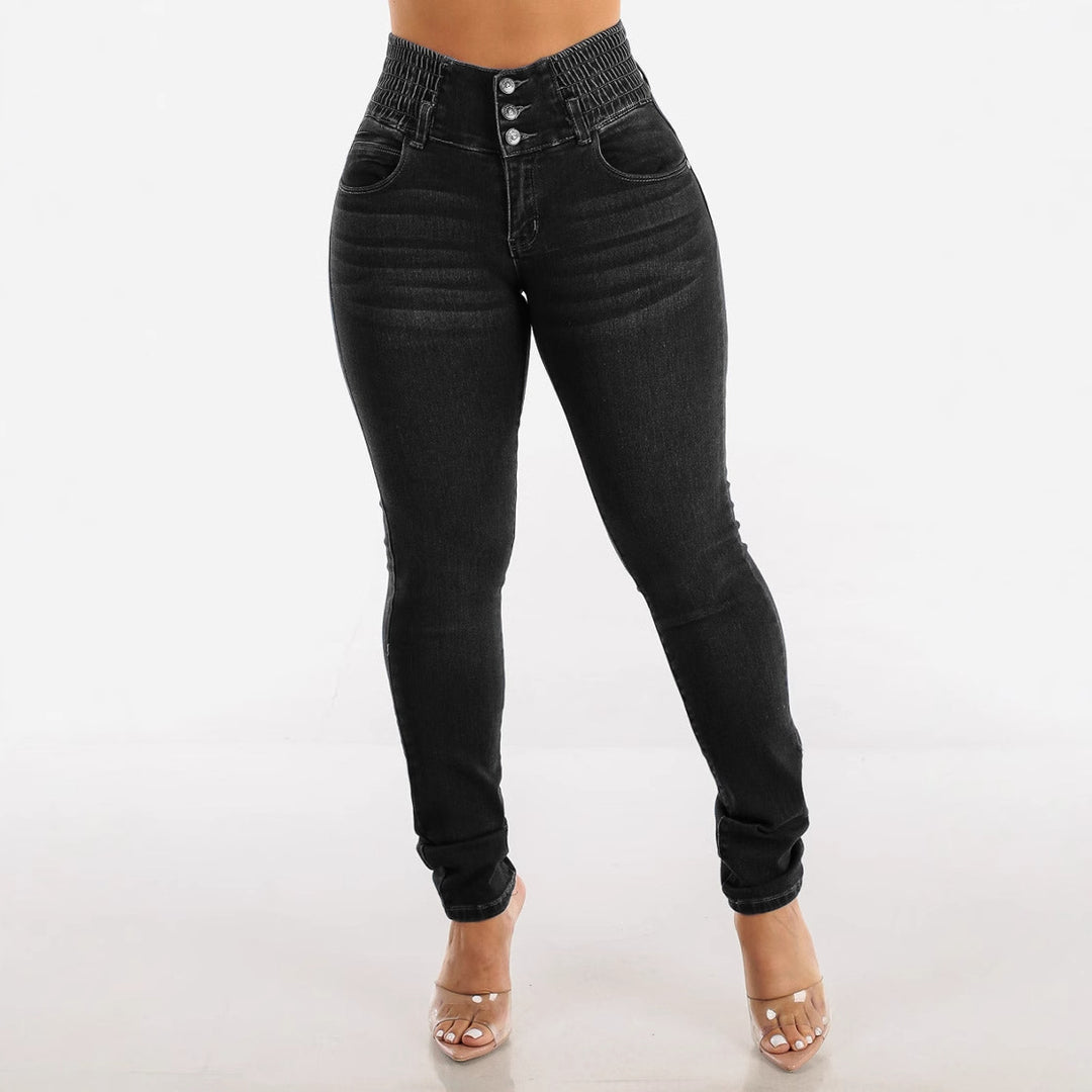 Damer High-Waisted Jeans med elastisk midjebånd og knappdetaljer Skjora