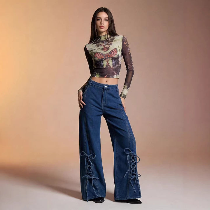 Dame Schlagjeans med trendy snøringdetalj og vid bein Skjora