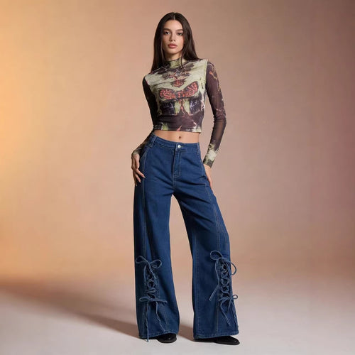 Dame Schlagjeans med trendy snøringdetalj og vid bein Skjora