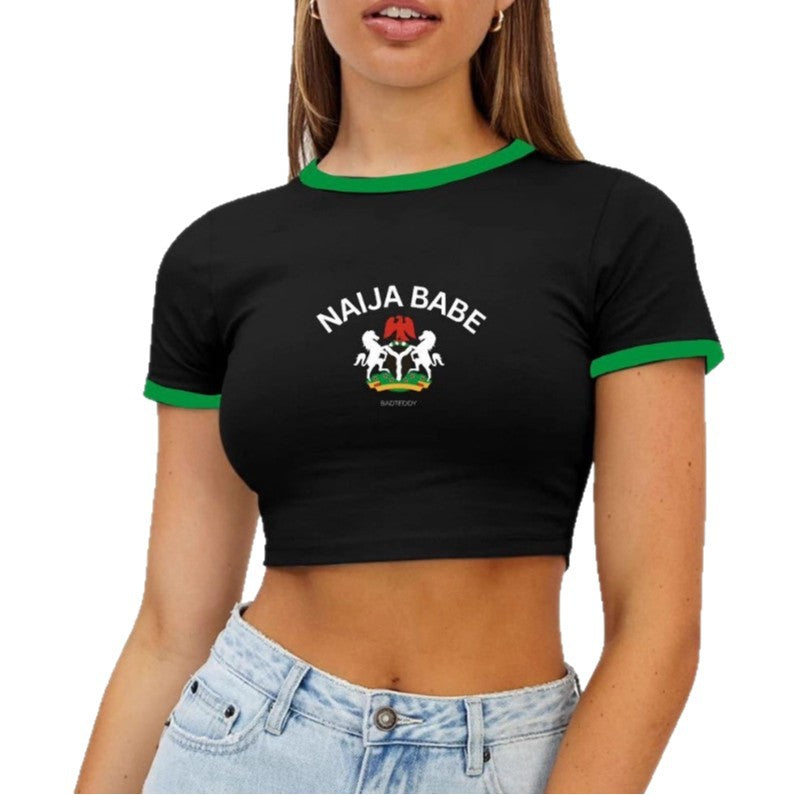 Dame Crop-Top med kreativt trykk og kontrasterende ermekanter Skjora