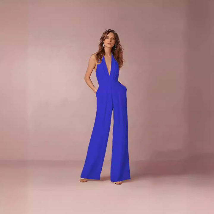 Dame Elegant Jumpsuit med Dyp V-Hals og Bred Bein Skjora