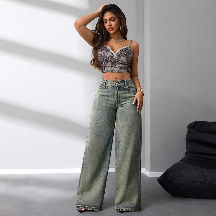 Dame brede høytaljede jeans i vintage stil med et avslappet utseende Skjora