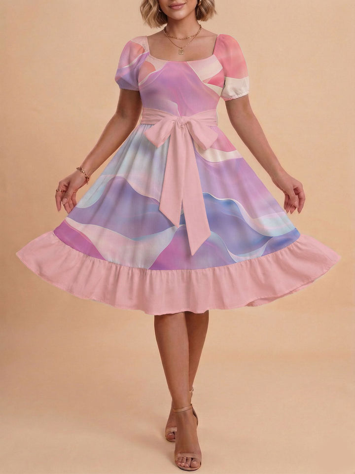 Damen Retro Maxikleid mit Puffärmeln und Taillengürtel Skjora