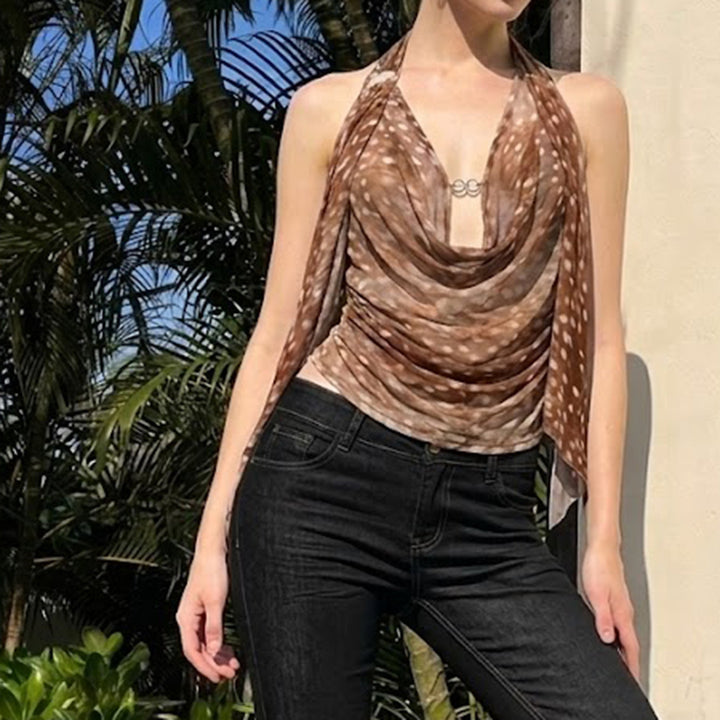 Damer Stilig Halterneck Bluse med Drapering Skjora