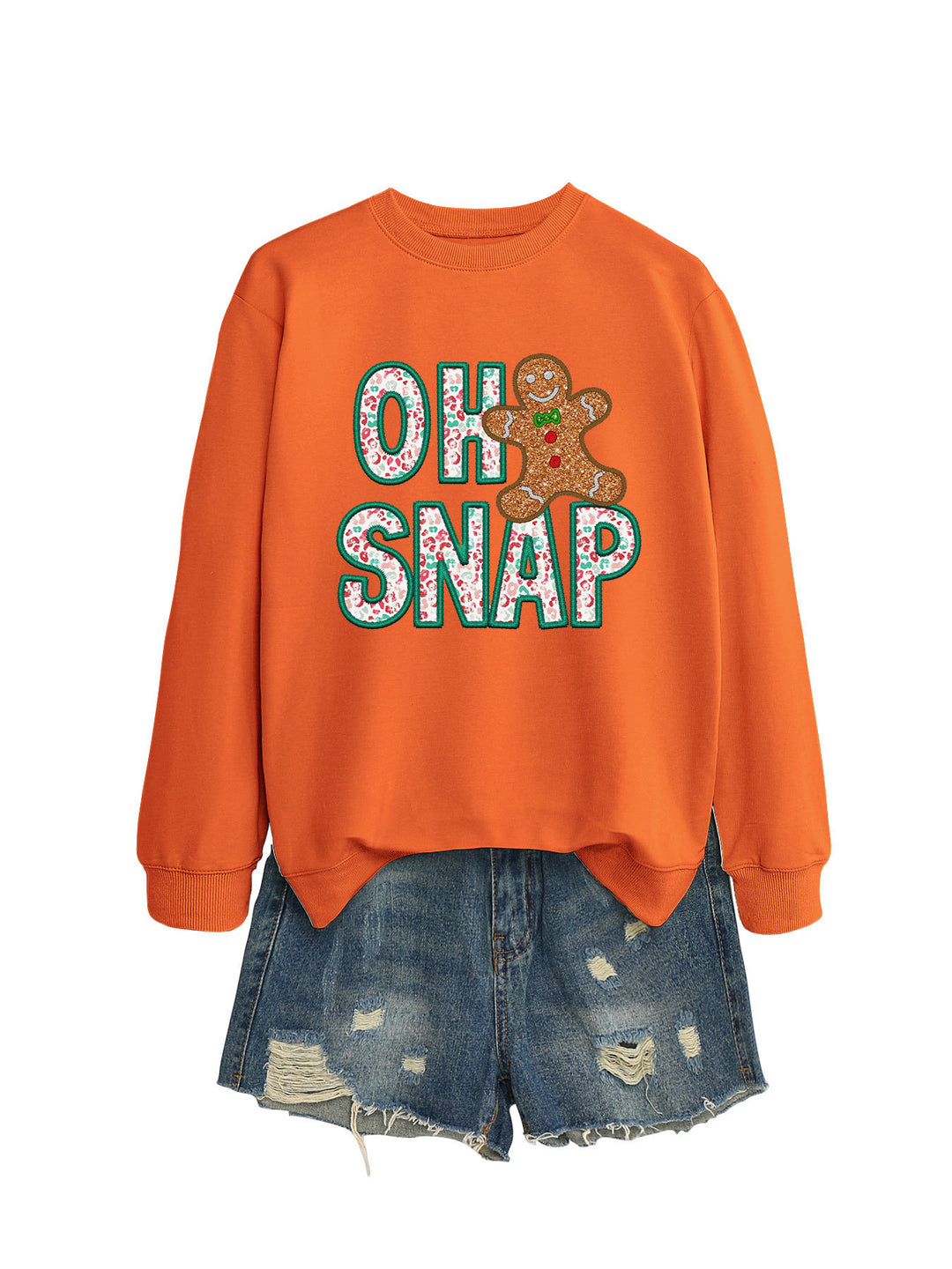 Dame sweatshirt med morsomt pepperkakemannmotiv og glitrende bokstaver Skjora