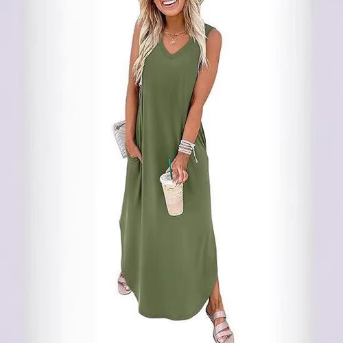 Dame Maxi-kjole med moderne V-hals og praktisk lomme-design Skjora