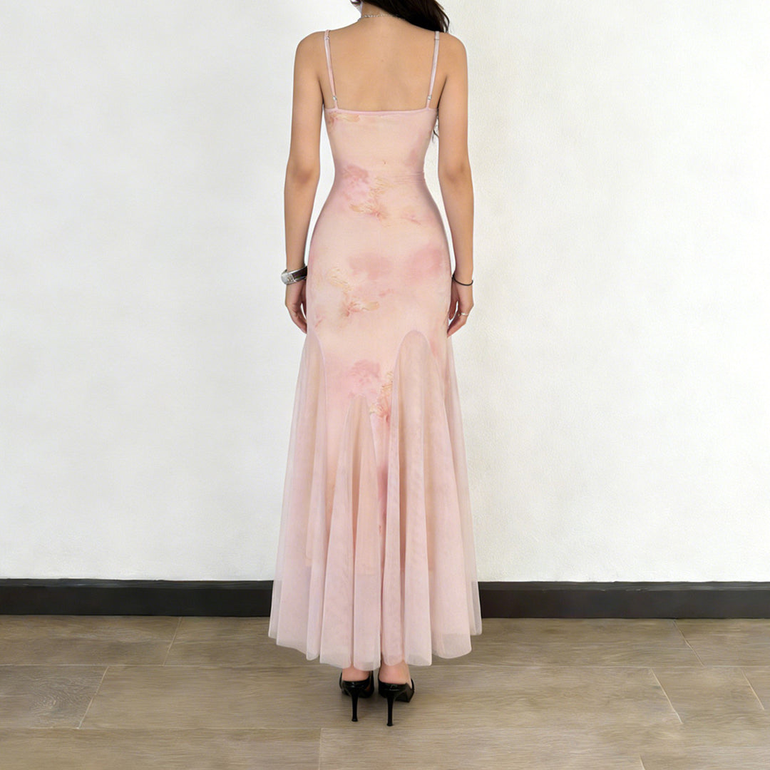 Dame elegant maxikjole i transparent spandex og blomsterdesign Skjora