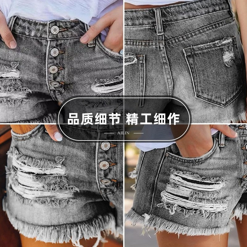 Dame Jeans-Shorts med franje og ødelagte effekter Skjora