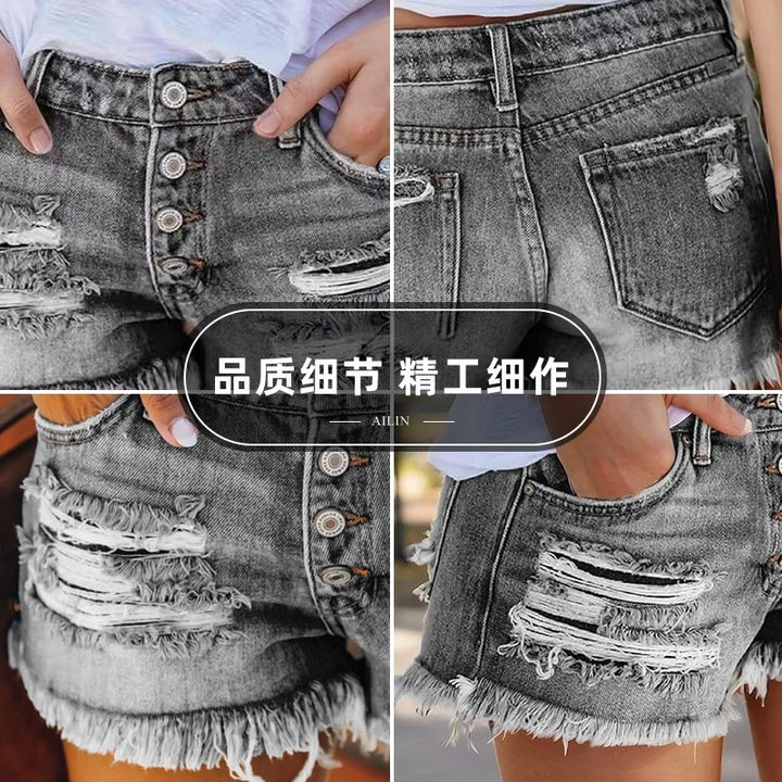 Dame Jeans-Shorts med franje og ødelagte effekter Skjora