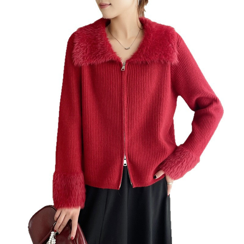 Dame cardigan med luksuriøs fake pelskrage og ribbet tekstur Skjora