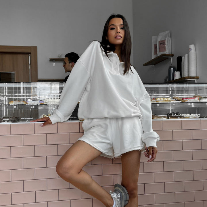 Dame casual genser og shorts sett med frynsete kanter Skjora