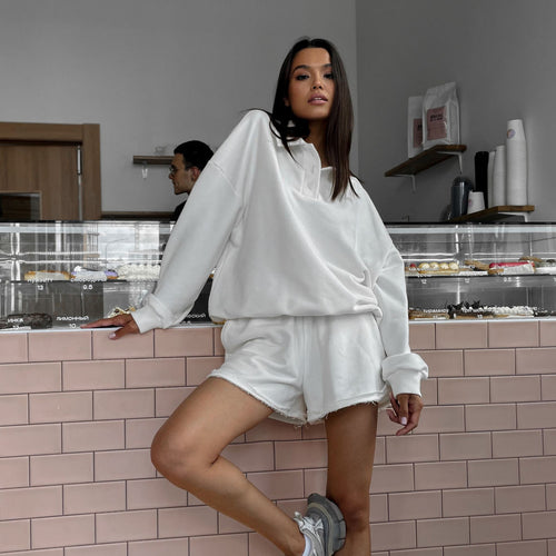 Dame casual genser og shorts sett med frynsete kanter Skjora