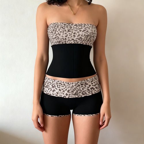 Dame Sporty Crop-Top og Shorts-sett i moderne leopardmønster Skjora